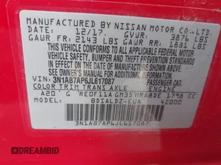 2018 Nissan Sentra SV with VIN 3N1AB7AP6JL617087, listed as a IAAI auction lot 41702341 with 59,310 mi miles and . Bid and sale history available at DreamBid. Image 9.