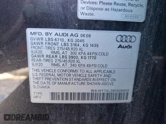 2009 Audi Q7 with VIN WA1AY74L29D006909, listed as a Copart auction lot 45158805 with 137,610 mi miles and Salvage Title. Bid and sale history available at carsss.com. Image 12.