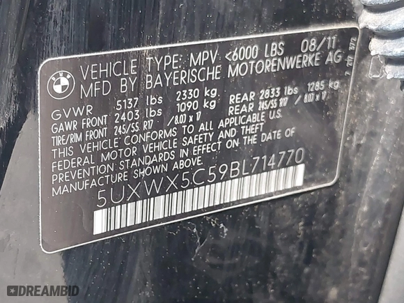 2011 BMW X3 28i with VIN 5UXWX5C59BL714770, listed as a IAAI auction lot 42044088 with 202,247 mi miles. Bid and sale history available at carsss.com. Image 9.