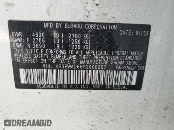 2024 Subaru Legacy Premium with VIN 4S3BWAD66R3006957, listed as a Copart auction lot 53783735 with 38,684 mi miles and Salvage title. Bid and sale history available at DreamBid. Image 12.