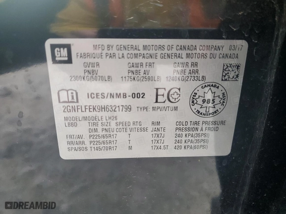 2017 Chevrolet Equinox LT with VIN 2GNFLFEK9H6321799, listed as a Copart auction lot 52806755 with 116,925 mi miles and Clean Title. Bid and sale history available at carsss.com. Image 15.