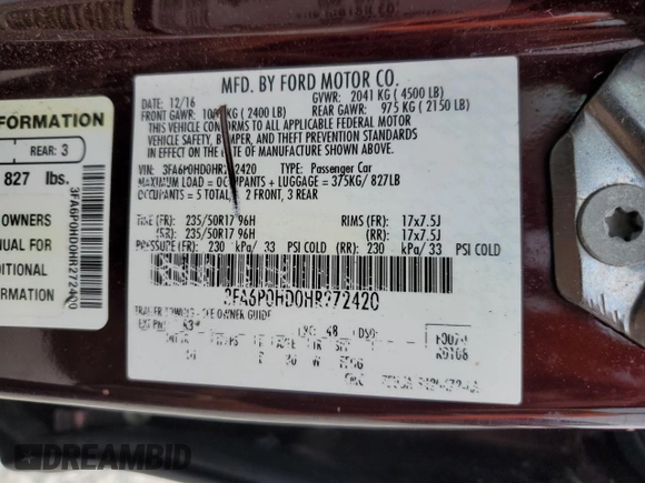 2017 Ford Fusion SE with VIN 3FA6P0HD0HR272420, listed as a Copart auction lot 55438055 with 131,258 mi miles and Clean Title. Bid and sale history available at carsss.com. Image 12.