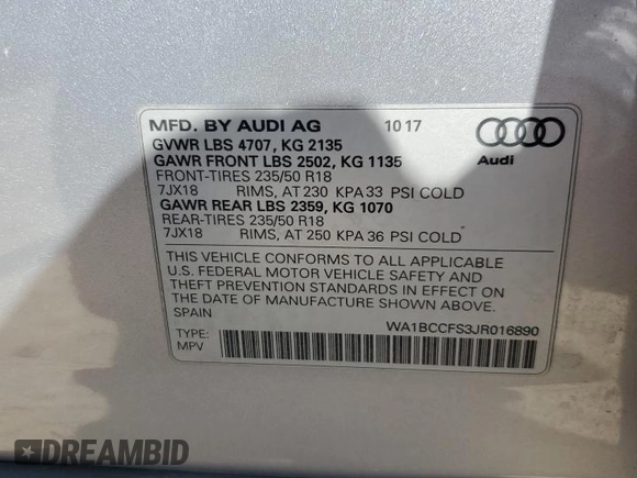 2018 Audi Q3 Premium z VIN WA1BCCFS3JR016890, wystawiony jako Copart lot #52594015 z przebiegiem 63 871 mil mil oraz Szkoda całkowita • Salvage title. Historia ofert i sprzedaży dostępna na DreamBid. Obrazek 14.