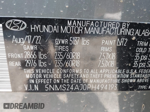 2023 Hyundai Santa Fe SEL with VIN 5NMS24AJ0PH494193, listed as a IAAI auction lot 42187630 with 33,078 mi miles and . Bid and sale history available at DreamBid. Image 9.