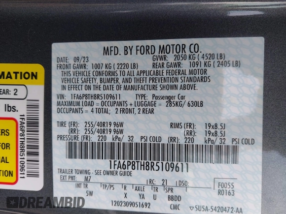 2024 Ford Mustang EcoBoost with VIN 1FA6P8TH8R5109611, listed as a IAAI auction lot 41407717 with 1 mi miles. Bid and sale history available at carsss.com. Image 9.