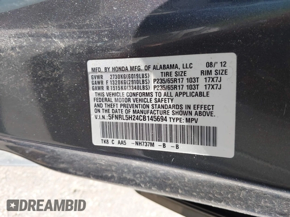 2012 Honda Odyssey LX with VIN 5FNRL5H24CB145694, listed as a IAAI auction lot 41902821 with 134,402 mi miles and . Bid and sale history available at carsss.com. Image 9.