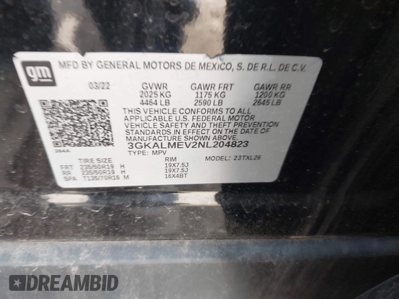 2022 GMC Terrain SLE with VIN 3GKALMEV2NL204823, listed as a IAAI auction lot 42041922 with 51,616 mi miles and . Bid and sale history available at DreamBid. Image 9.
