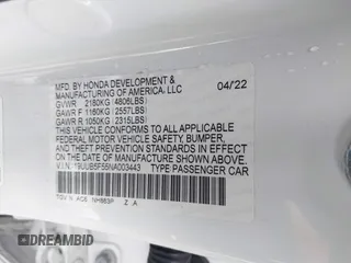 2022 Acura TLX w/A-Spec Package with VIN 19UUB5F55NA003443, listed as a IAAI auction lot 41527838 with 8,134 mi miles and . Bid and sale history available at DreamBid. Image 9.