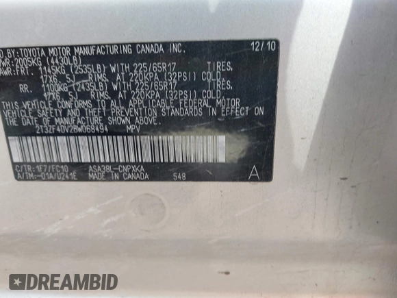 2011 Toyota RAV4 with VIN 2T3ZF4DV2BW068494, listed as a IAAI auction lot 42014578 with 140,978 mi miles and . Bid and sale history available at DreamBid. Image 9.