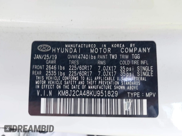 2019 Hyundai Tucson SE with VIN KM8J2CA48KU951829, listed as a IAAI auction lot 41261166 with 100,533 mi miles. Bid and sale history available at carsss.com. Image 9.