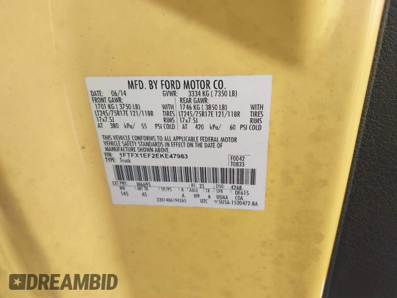 2014 Ford F-150 XL with VIN 1FTFX1EF2EKE47983, listed as a IAAI auction lot 40238853 with 113,029 mi miles. Bid and sale history available at carsss.com. Image 9.