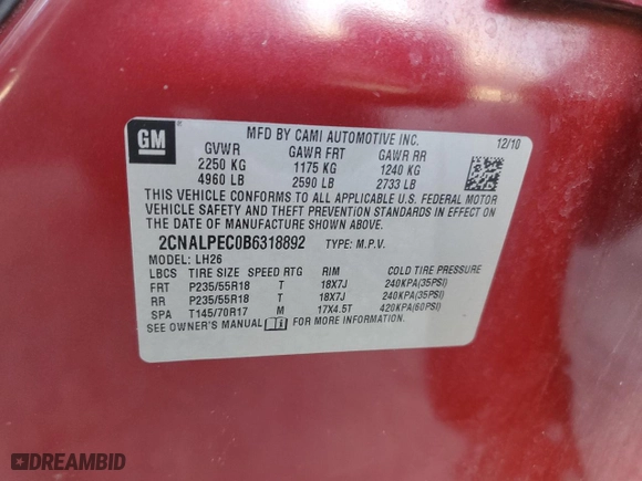 2011 Chevrolet Equinox LT w/2LT with VIN 2CNALPEC0B6318892, listed as a Copart auction lot 47163525 with 143,895 mi miles and Salvage Title. Bid and sale history available at carsss.com. Image 15.