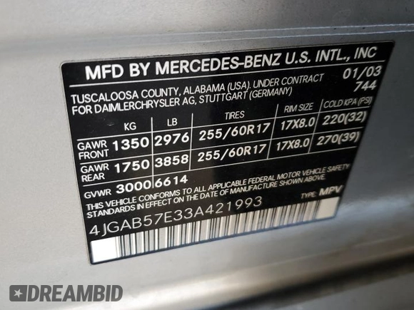 2003 Mercedes-Benz M-Class 3.7L with VIN 4JGAB57E33A421993, listed as a Copart auction lot 71800334 with 210,086 mi miles and Salvage Title. Bid and sale history available at carsss.com. Image 14.