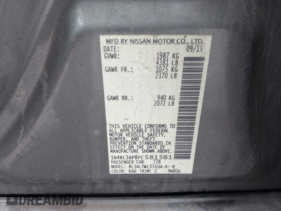 2015 Nissan Altima SL z VIN 1N4BL3AP8FC581581, wystawiony jako IAAI lot #42331651 z przebiegiem 65 846 mil mil oraz . Historia ofert i sprzedaży dostępna na DreamBid. Obrazek 9.