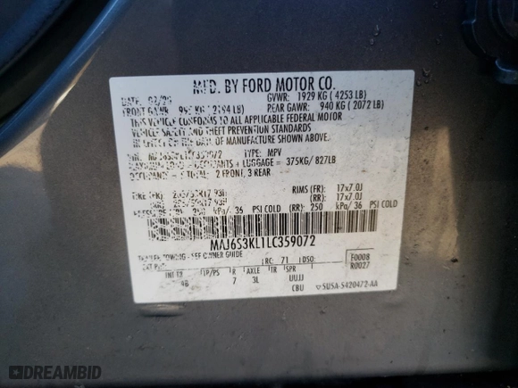 2020 Ford EcoSport Titanium with VIN MAJ6S3KL1LC359072, listed as a Copart auction lot 46504745 with 87,975 mi miles and Salvage Title. Bid and sale history available at carsss.com. Image 13.