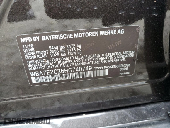 2017 BMW 7 Series 740i with VIN WBA7E2C36HG740749, listed as a Copart auction lot 39083573 with 0 mi miles. Bid and sale history available at carsss.com. Image 12.