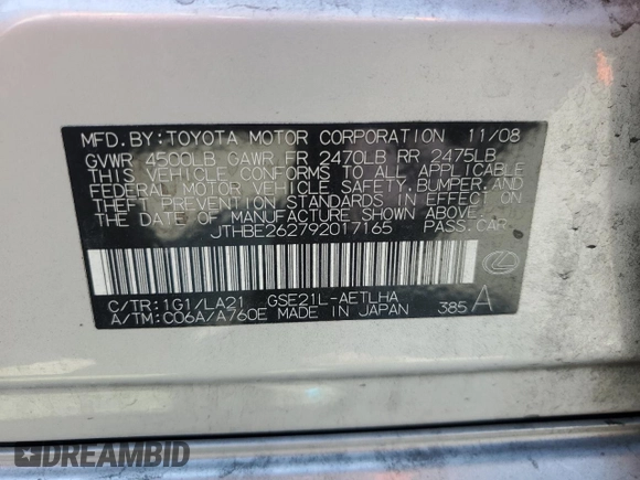 2009 Lexus IS 350 with VIN JTHBE262792017165, listed as a Copart auction lot 58847015 with 188,638 mi miles and Salvage title. Bid and sale history available at DreamBid. Image 13.