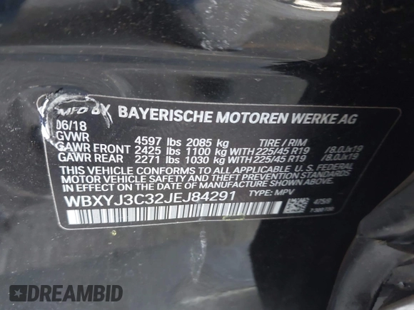 2018 BMW X2 sDrive28i with VIN WBXYJ3C32JEJ84291, listed as a IAAI auction lot 42575234 with 65,081 mi miles and . Bid and sale history available at DreamBid. Image 9.