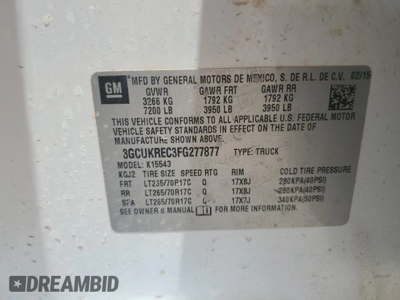 2015 Chevrolet Silverado 1500 LT with VIN 3GCUKREC3FG277877, listed as a Copart auction lot 53888955 with 178,123 mi miles and Clean Title. Bid and sale history available at DreamBid. Image 12.