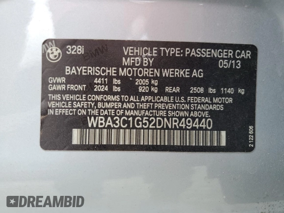 2013 BMW 3 Series 328i with VIN WBA3C1G52DNR49440, listed as a Copart auction lot 61546685 with 118,308 mi miles and Salvage title. Bid and sale history available at DreamBid. Image 12.