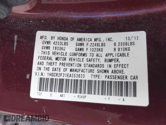 2014 Honda Accord LX with VIN 1HGCR2F31EA053633, listed as a IAAI auction lot 42056856 with Not Provided miles and . Bid and sale history available at carsss.com. Image 9.