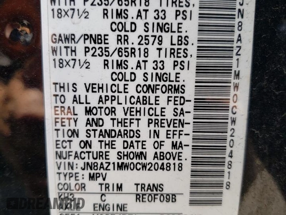 2012 Nissan Murano SL with VIN JN8AZ1MW0CW204818, listed as a Copart auction lot 60725114 with 85,210 mi miles and Salvage Title. Bid and sale history available at carsss.com. Image 14.