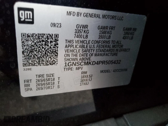 2023 Chevrolet Tahoe LS with VIN 1GNSCMKD4PR505432, listed as a Copart auction lot 81931984 with 9,340 mi miles and Salvage title. Bid and sale history available at DreamBid. Image 15.