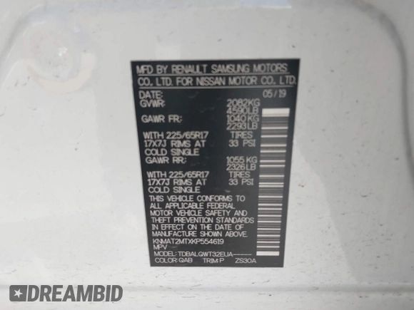 2019 Nissan Rogue SV with VIN KNMAT2MTXKP554619, listed as a IAAI auction lot 41975101 with 86,051 mi miles and . Bid and sale history available at DreamBid. Image 9.