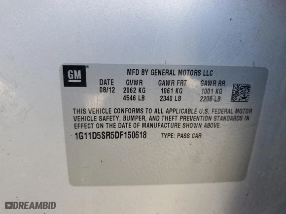 2013 Chevrolet Malibu ECO with VIN 1G11D5SR5DF150618, listed as a Copart auction lot 44194525 with 130,805 mi miles and Salvage Title. Bid and sale history available at carsss.com. Image 12.