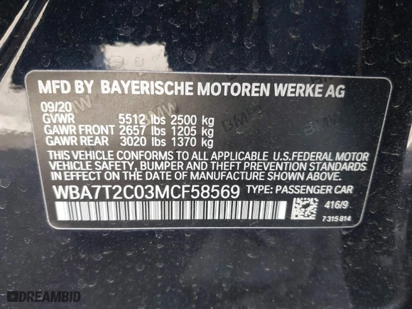 2021 BMW 7 Series 740i with VIN WBA7T2C03MCF58569, listed as a IAAI auction lot 41662350 with 41,303 mi miles. Bid and sale history available at carsss.com. Image 9.