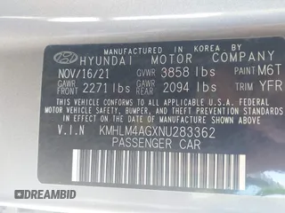2022 Hyundai Elantra SEL with VIN KMHLM4AGXNU283362, listed as a IAAI auction lot 41981190 with 23,575 mi miles and . Bid and sale history available at DreamBid. Image 9.