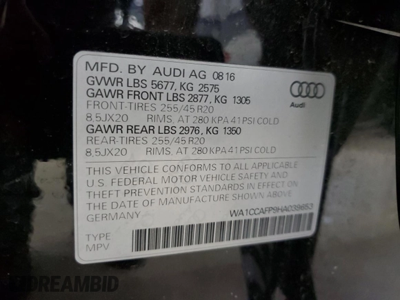 2017 Audi SQ5 Premium Plus with VIN WA1CCAFP9HA039653, listed as a Copart auction lot 62932125 with 54,834 mi miles and Salvage title. Bid and sale history available at DreamBid. Image 13.