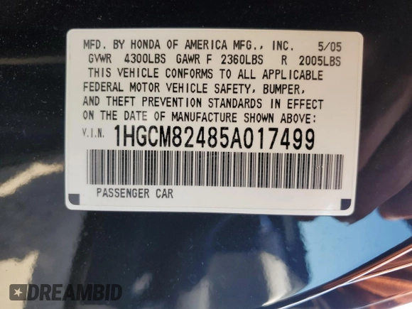 2005 Honda Accord LX SE z VIN 1HGCM82485A017499, wystawiony jako Copart lot #48952225 z przebiegiem 149 806 mil mil oraz Szkoda całkowita • Salvage title. Historia ofert i sprzedaży dostępna na DreamBid. Obrazek 12.