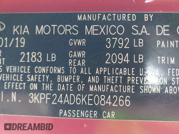 2019 Kia Forte LXS z VIN 3KPF24AD6KE084266, wystawiony jako IAAI lot #41566565 z przebiegiem 70 512 mil mil oraz . Historia ofert i sprzedaży dostępna na DreamBid. Obrazek 9.
