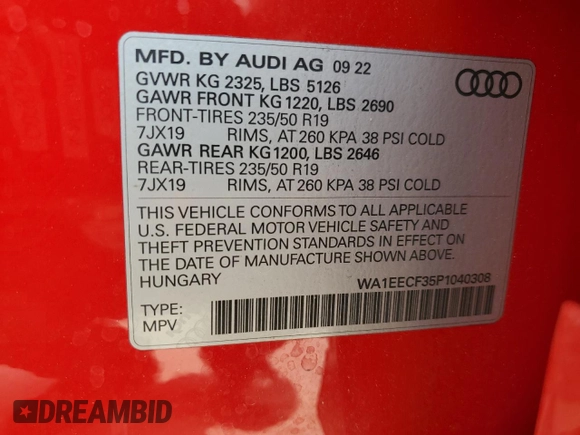 2023 Audi Q3 S line Premium Plus with VIN WA1EECF35P1040308, listed as a Copart auction lot 60119435 with 12,244 mi miles and Salvage title. Bid and sale history available at DreamBid. Image 13.