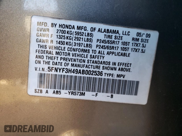 2010 Honda Pilot EX with VIN 5FNYF3H49AB002536, listed as a Copart auction lot 87884825 with 130,108 mi miles and Salvage Title. Bid and sale history available at carsss.com. Image 15.
