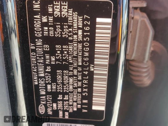 2021 Kia Sorento S with VIN 5XYRL4LC6MG051627, listed as a Copart auction lot 45833105 with 88,175 mi miles and Salvage Title. Bid and sale history available at DreamBid. Image 14.
