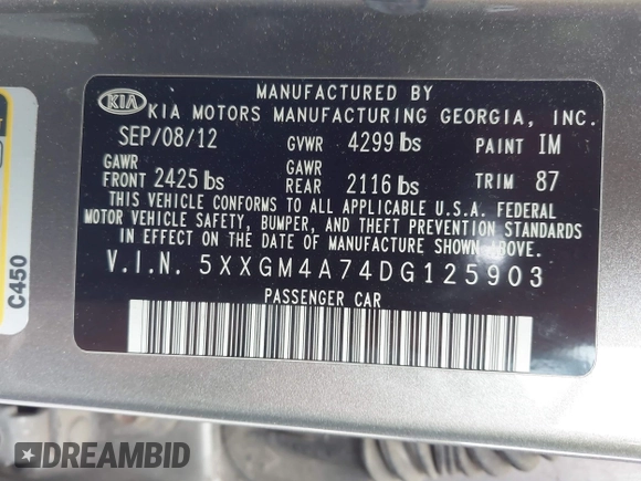 2013 Kia Optima LX with VIN 5XXGM4A74DG125903, listed as a IAAI auction lot 41931287 with 139,350 mi miles. Bid and sale history available at carsss.com. Image 9.