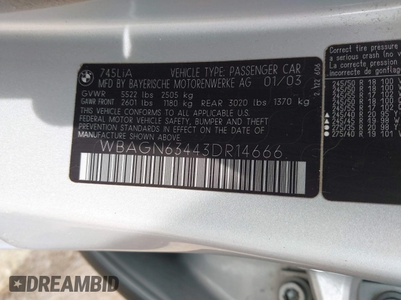 2003 BMW 7 Series 745Li with VIN WBAGN63443DR14666, listed as a IAAI auction lot 42088916 with 164,846 mi miles and . Bid and sale history available at DreamBid. Image 9.