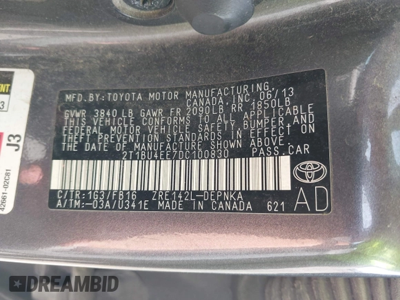 2013 Toyota Corolla L with VIN 2T1BU4EE7DC100830, listed as a IAAI auction lot 42032150 with 205,914 mi miles. Bid and sale history available at carsss.com. Image 9.