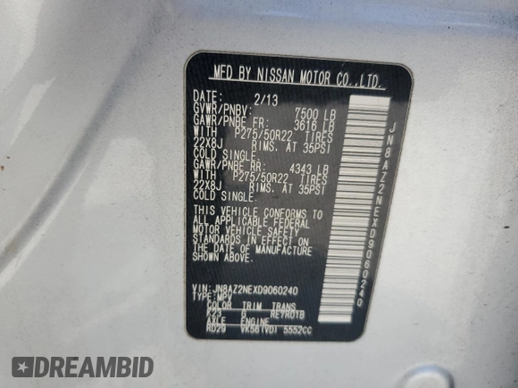 2013 Infiniti QX56 with VIN JN8AZ2NEXD9060240, listed as a Copart auction lot 61932725 with 165,327 mi miles and Clean title. Bid and sale history available at DreamBid. Image 12.