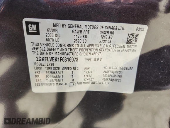 2015 GMC Terrain SLE с VIN 2GKFLVEK1F6316973, выставлен на аукционе Copart как лот 64748505 с пробегом 84 367 миль миль и Списание • Salvage title. История ставок и продаж доступна на DreamBid. Изображение 12.
