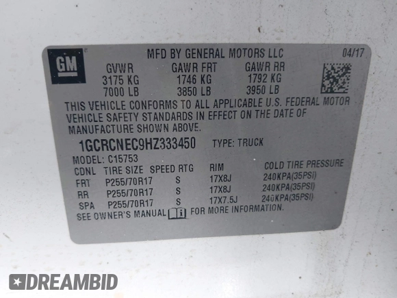 2017 Chevrolet Silverado 1500 LS with VIN 1GCRCNEC9HZ333450, listed as a IAAI auction lot 41578840 with 184,883 mi miles and . Bid and sale history available at DreamBid. Image 9.