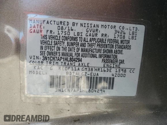 2017 Nissan Versa SL with VIN 3N1CN7AP1HL804294, listed as a Copart auction lot 78063784 with 51,452 mi miles and Salvage title. Bid and sale history available at DreamBid. Image 15.