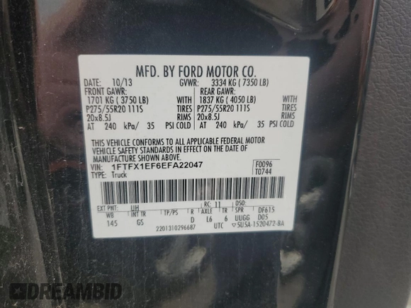 2014 Ford F-150 XL with VIN 1FTFX1EF6EFA22047, listed as a Copart auction lot 58342505 with 75,495 mi miles and Salvage title. Bid and sale history available at DreamBid. Image 12.