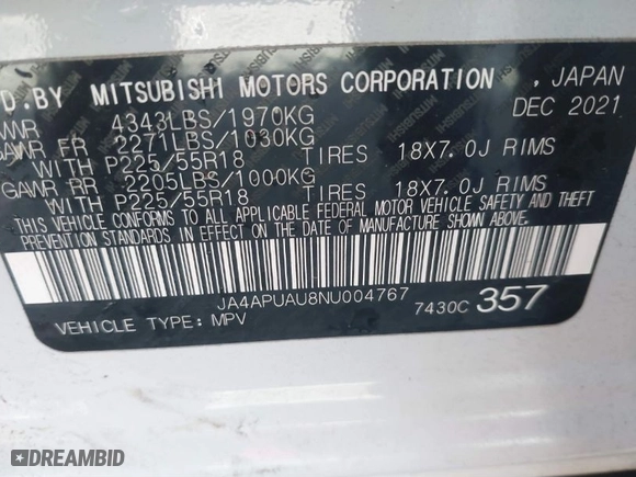 2022 Mitsubishi Outlander Sport ES with VIN JA4APUAU8NU004767, listed as a IAAI auction lot 41416998 with 82,232 mi miles. Bid and sale history available at carsss.com. Image 9.