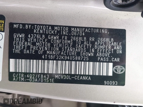 2004 Toyota Camry LE with VIN 4T1BF32K94U588725, listed as a IAAI auction lot 41960395 with Not Provided miles and . Bid and sale history available at carsss.com. Image 9.