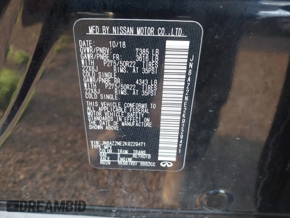 2019 Infiniti QX80 LUXE with VIN JN8AZ2NE2K9229471, listed as a IAAI auction lot 41927848 with Not Provided miles. Bid and sale history available at carsss.com. Image 9.