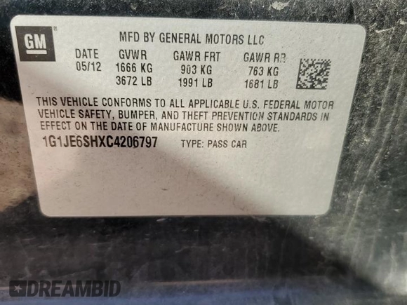 2012 Chevrolet Sonic LTZ z VIN 1G1JE6SHXC4206797, wystawiony jako Copart lot #48520535 z przebiegiem 117 350 mil mil oraz Czysty tytuł • Clean title. Historia ofert i sprzedaży dostępna na DreamBid. Obrazek 12.