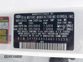 2016 Kia Sorento SX with VIN 5XYPK4A52GG115259, listed as a IAAI auction lot 41494198 with 118,143 mi miles. Bid and sale history available at carsss.com. Image 9.